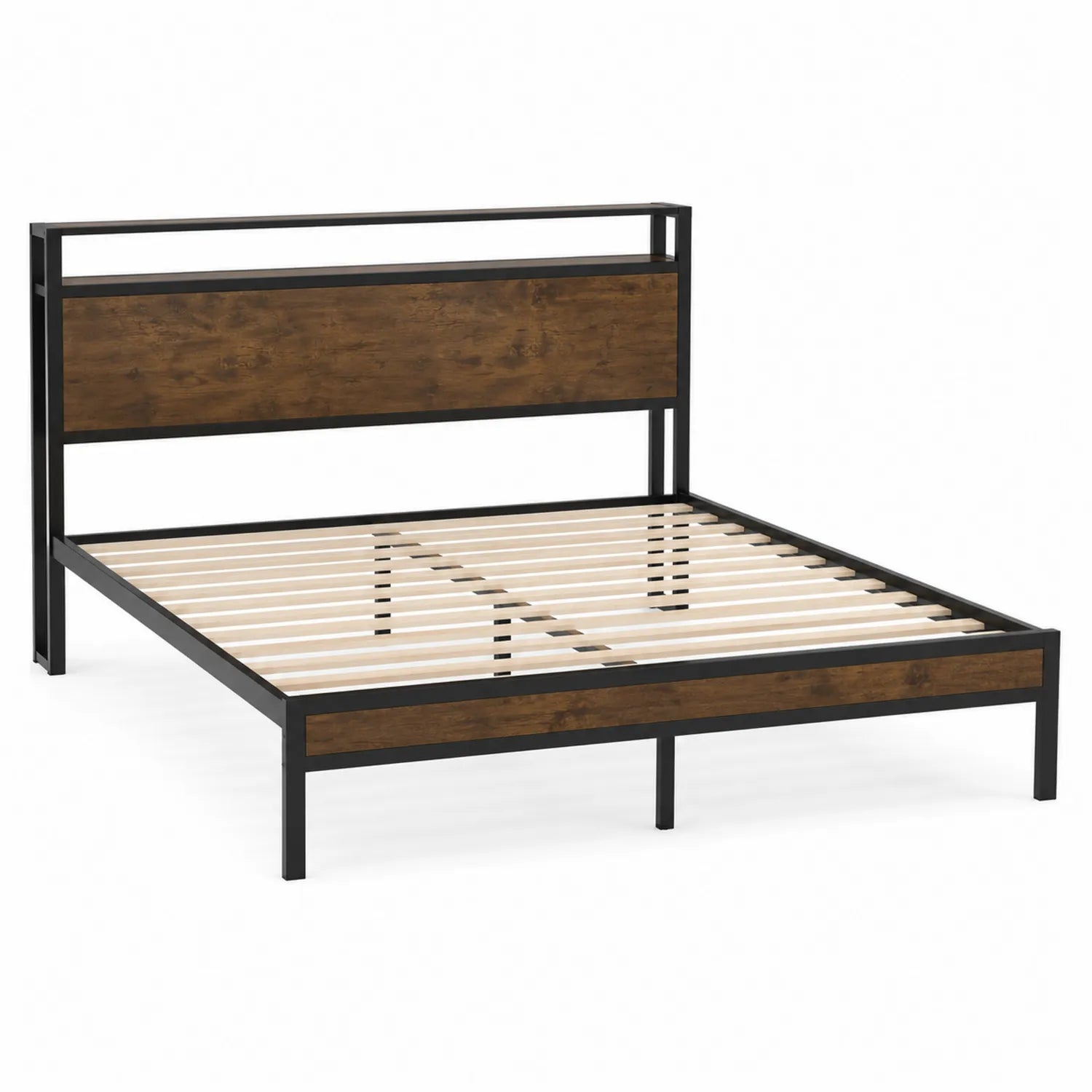Cadre de lit double en métal et bois 200x160 cm Marron/Noir