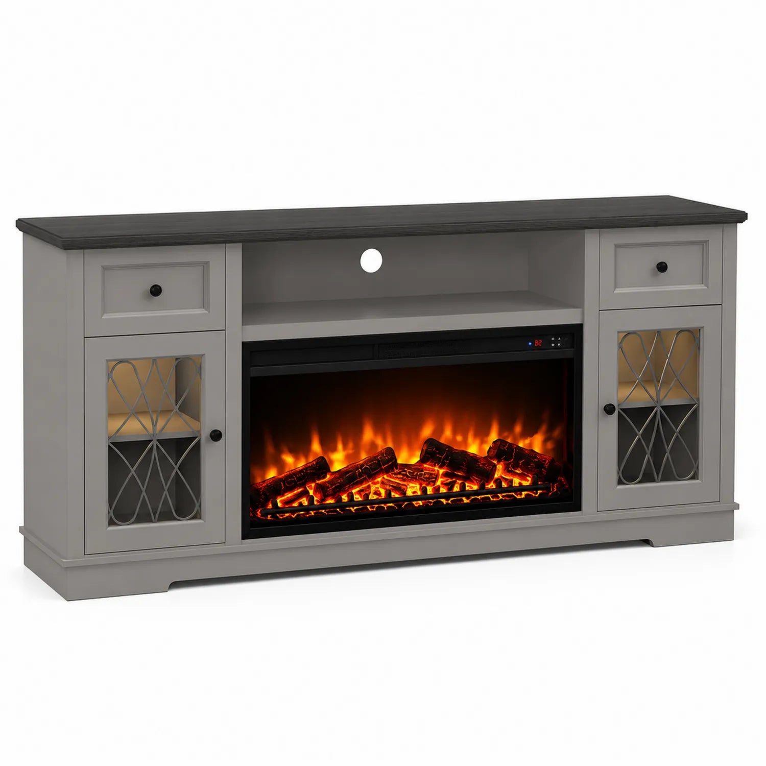 Meuble TV avec Cheminée Électrique en Bois et Verre Trempé 147 cm