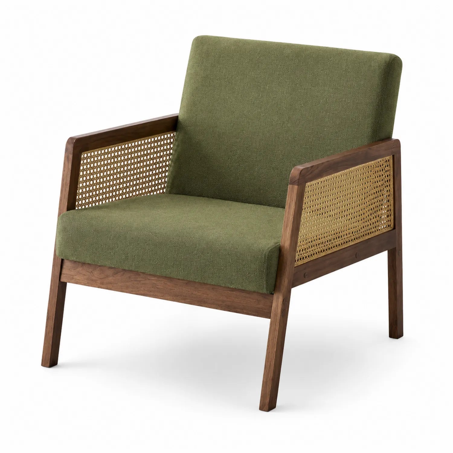 Fauteuil en bois avec accoudoirs en rotin et tissu vert