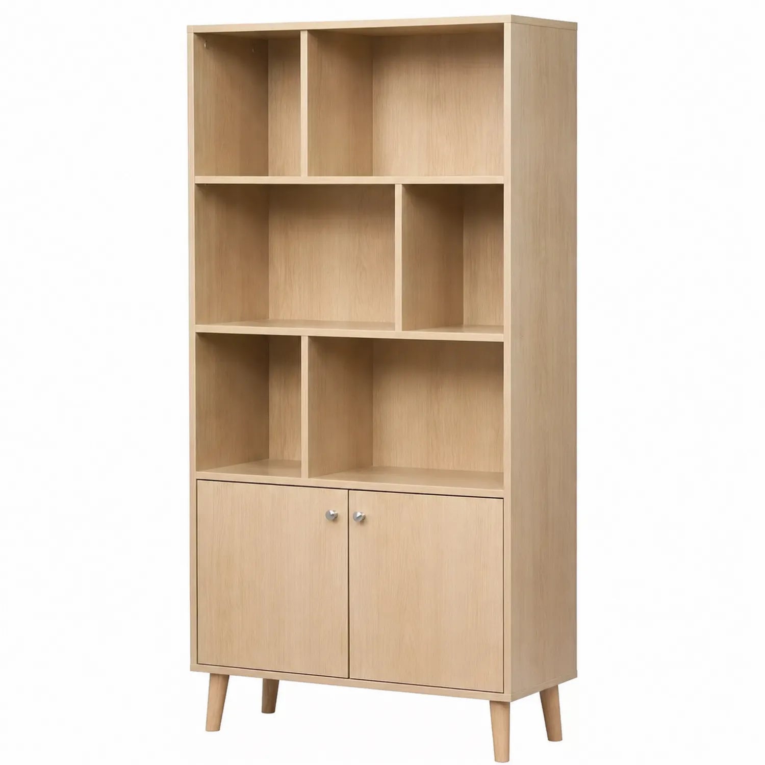 Bibliothèque en bois à 6 étagères avec portes, Beige