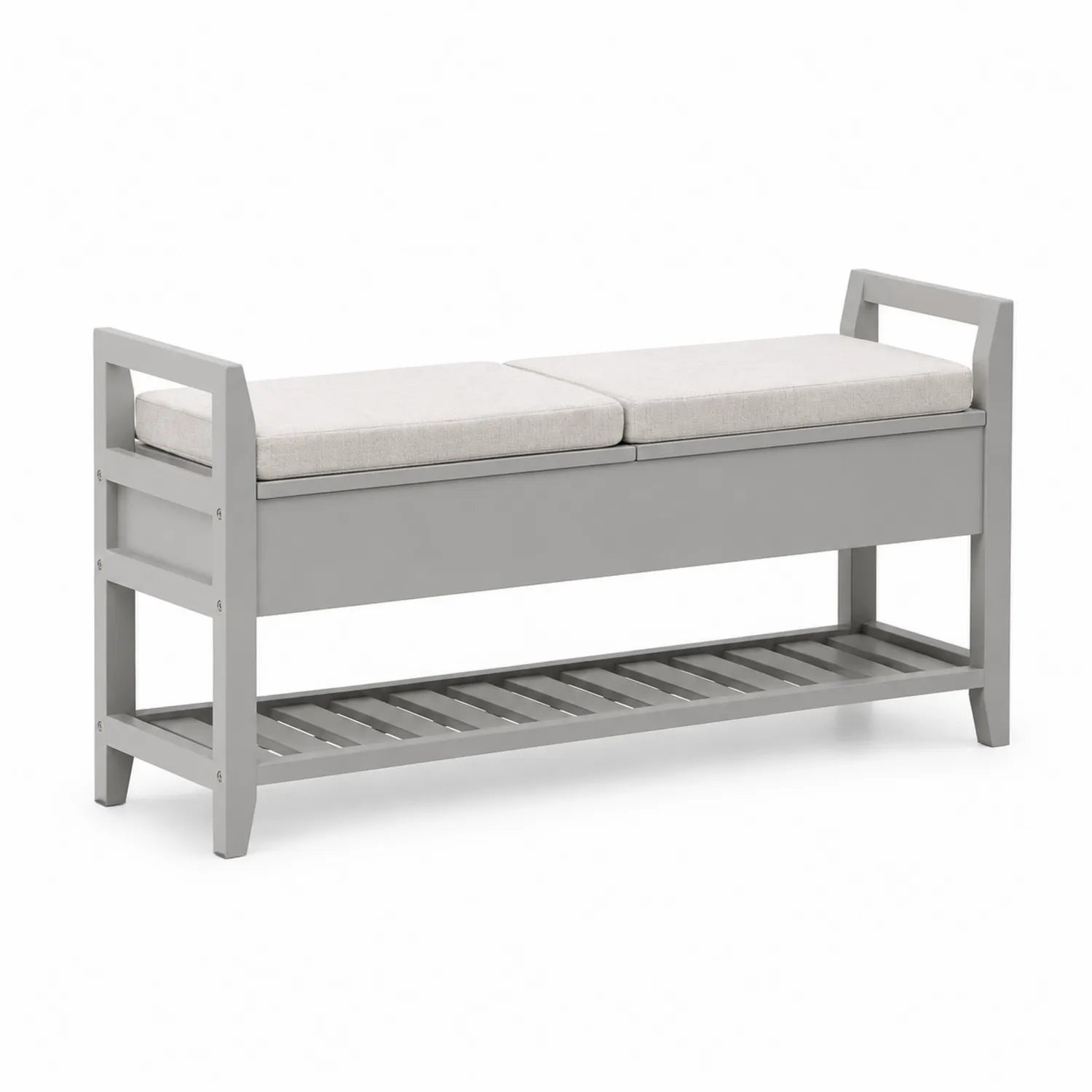 Banc de rangement en bois MDF gris avec coussins beiges