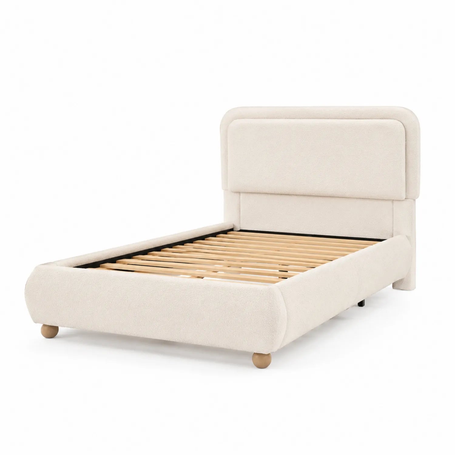 Lit double en tissu beige avec structure en bois 140x200 cm
