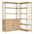 Bibliothèque d'angle en bois avec portes en rotin et cadre métallique, 5 étagères, Naturel