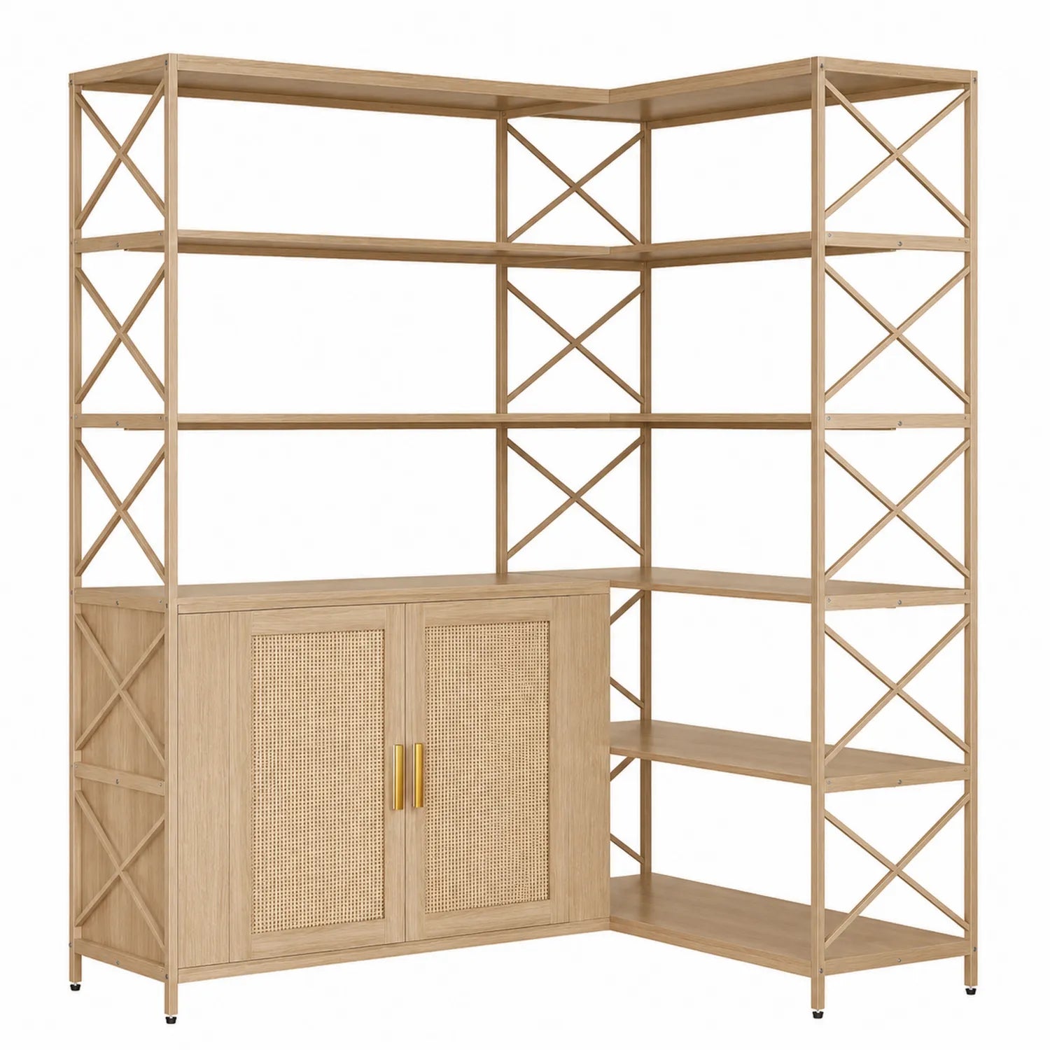 Bibliothèque d'angle en bois avec portes en rotin et cadre métallique, 5 étagères, Naturel
