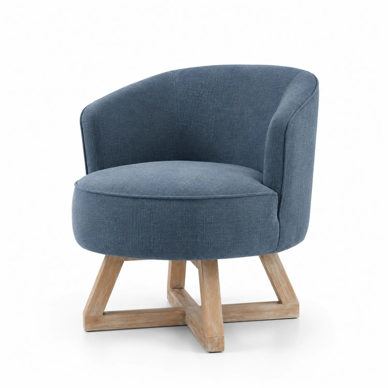 Fauteuil pivotant en tissu bleu avec base en bois de hêtre