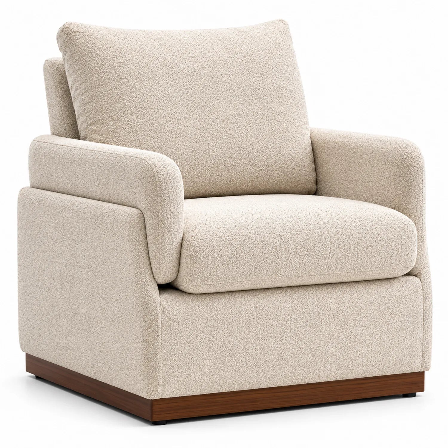 Fauteuil en tissu bouclé beige avec base en bois