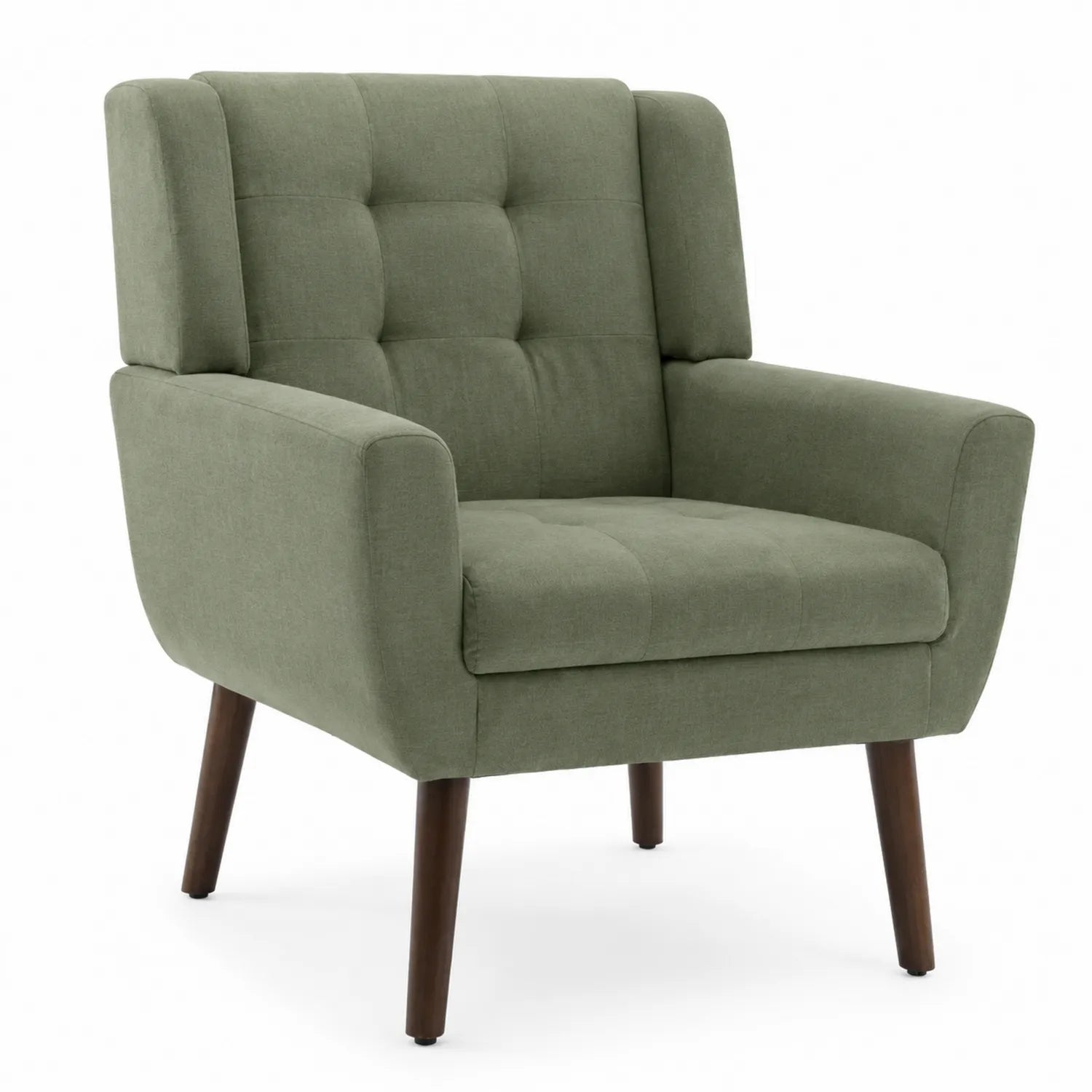 Fauteuil en tissu vert olive avec pieds en bois