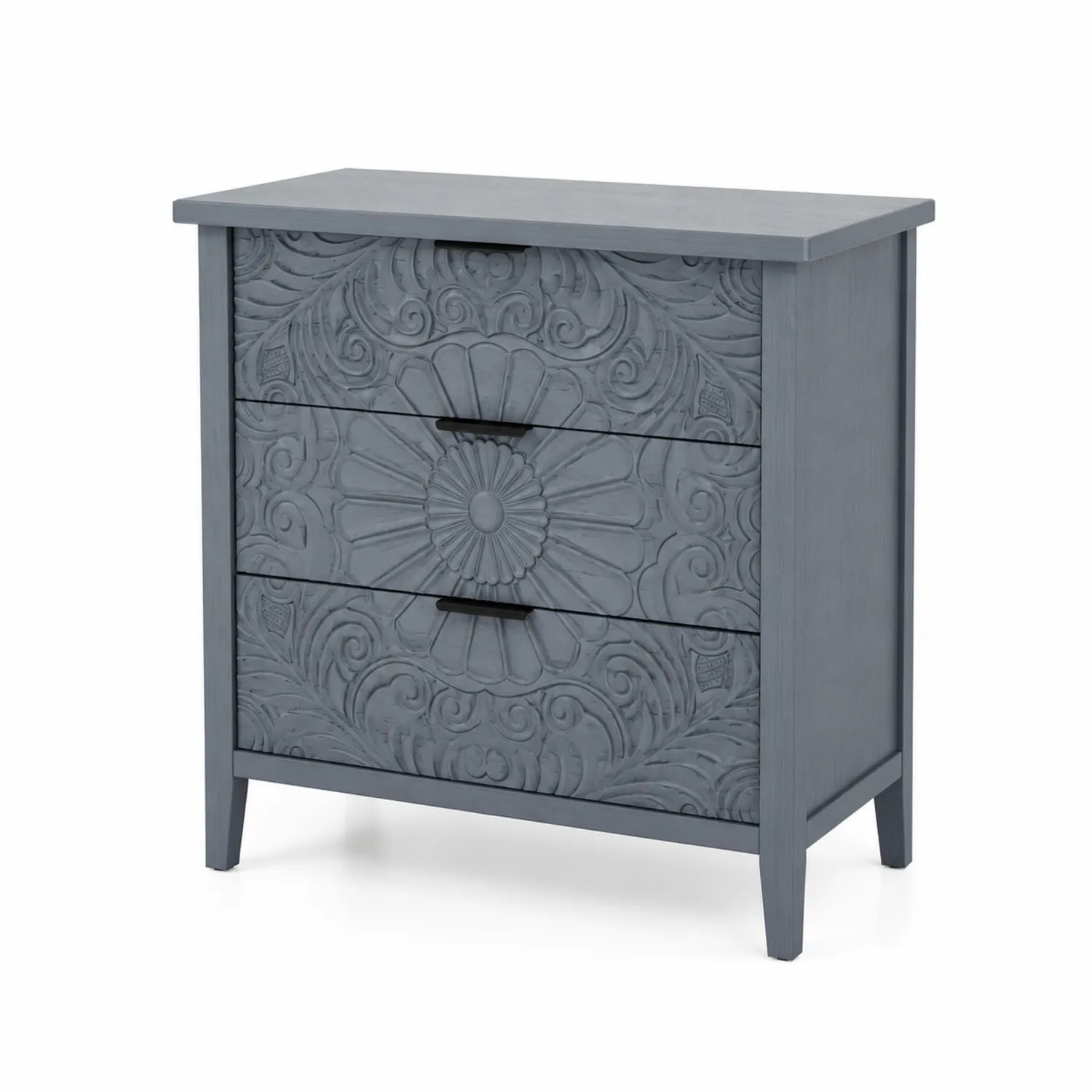 Commode à trois tiroirs en bois avec gravure grise