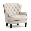 Fauteuil en cuir synthétique beige avec pieds en bois