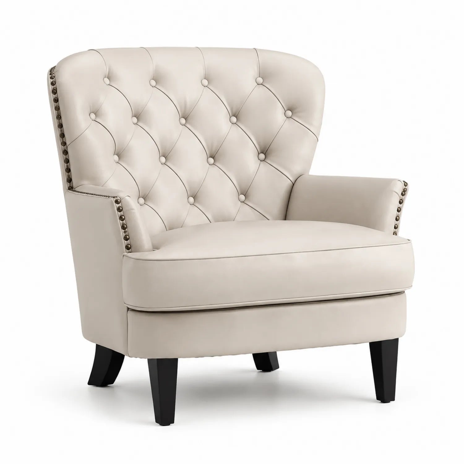 Fauteuil en cuir synthétique beige avec pieds en bois
