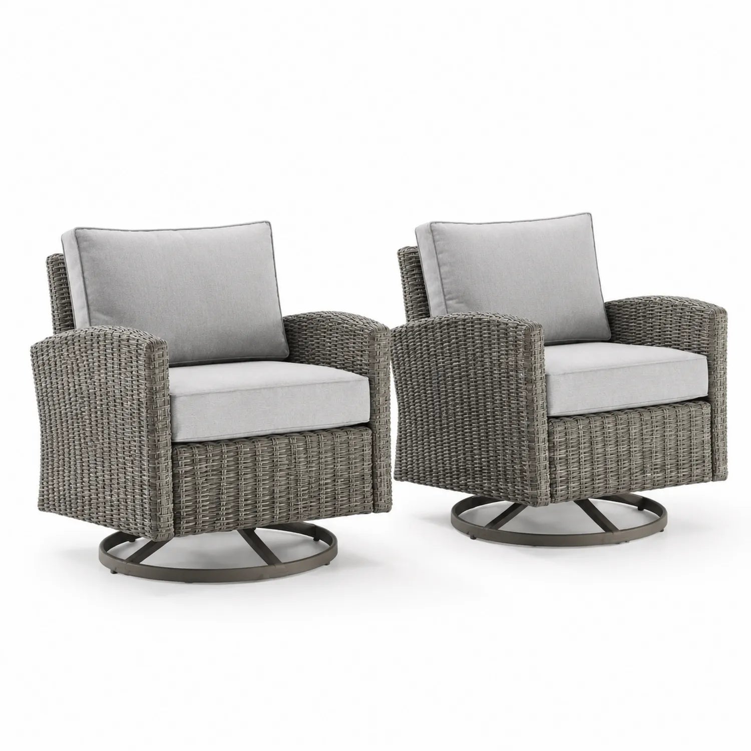 Chaises pivotantes en résine tressée gris avec coussins