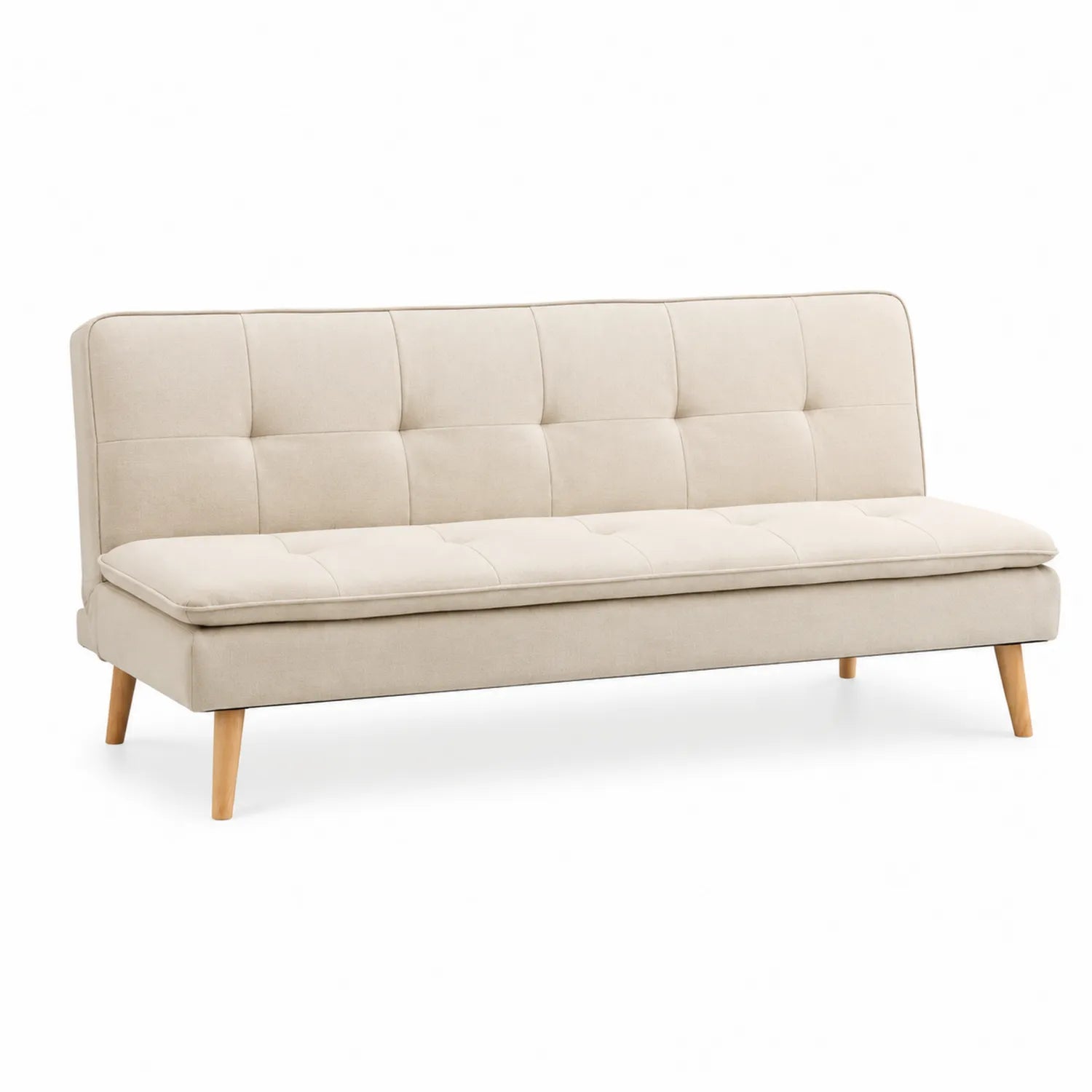 Canapé convertible en tissu beige pieds bois massif