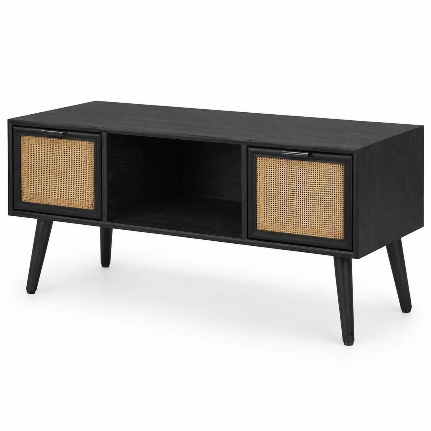 Meuble TV en bois avec portes en cannage noir et marron 120x40x50cm
