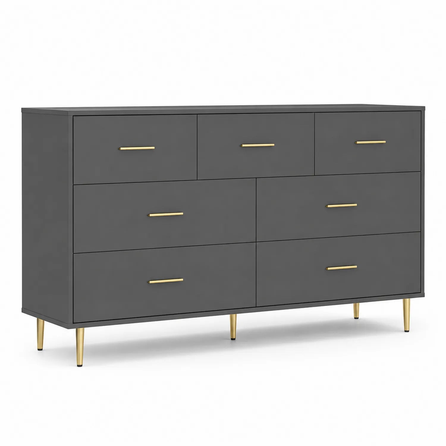 Commode en Bois MDF Gris avec 8 Tiroirs et Poignées Métalliques Dorées
