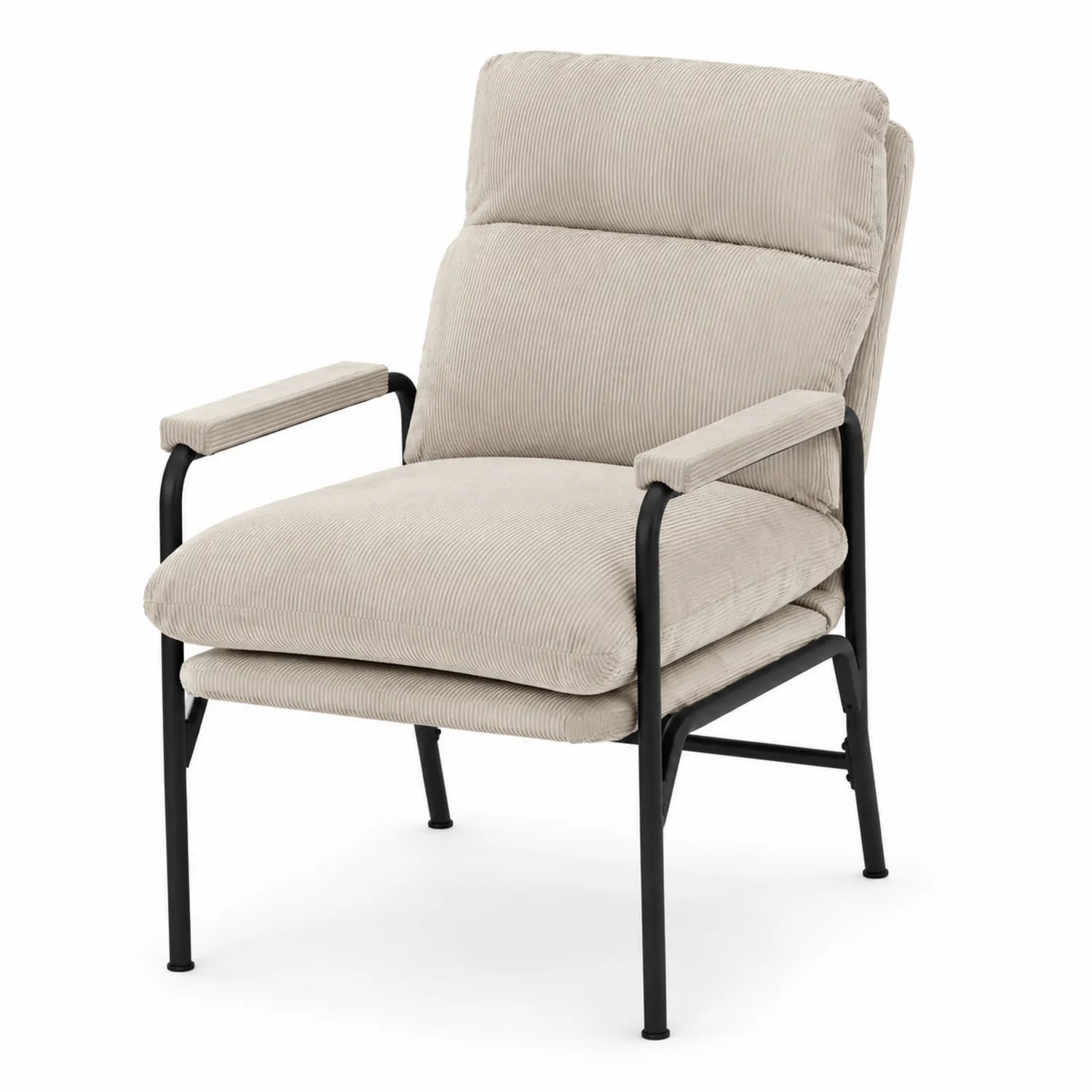Fauteuil en velours côtelé beige avec cadre métallique noir