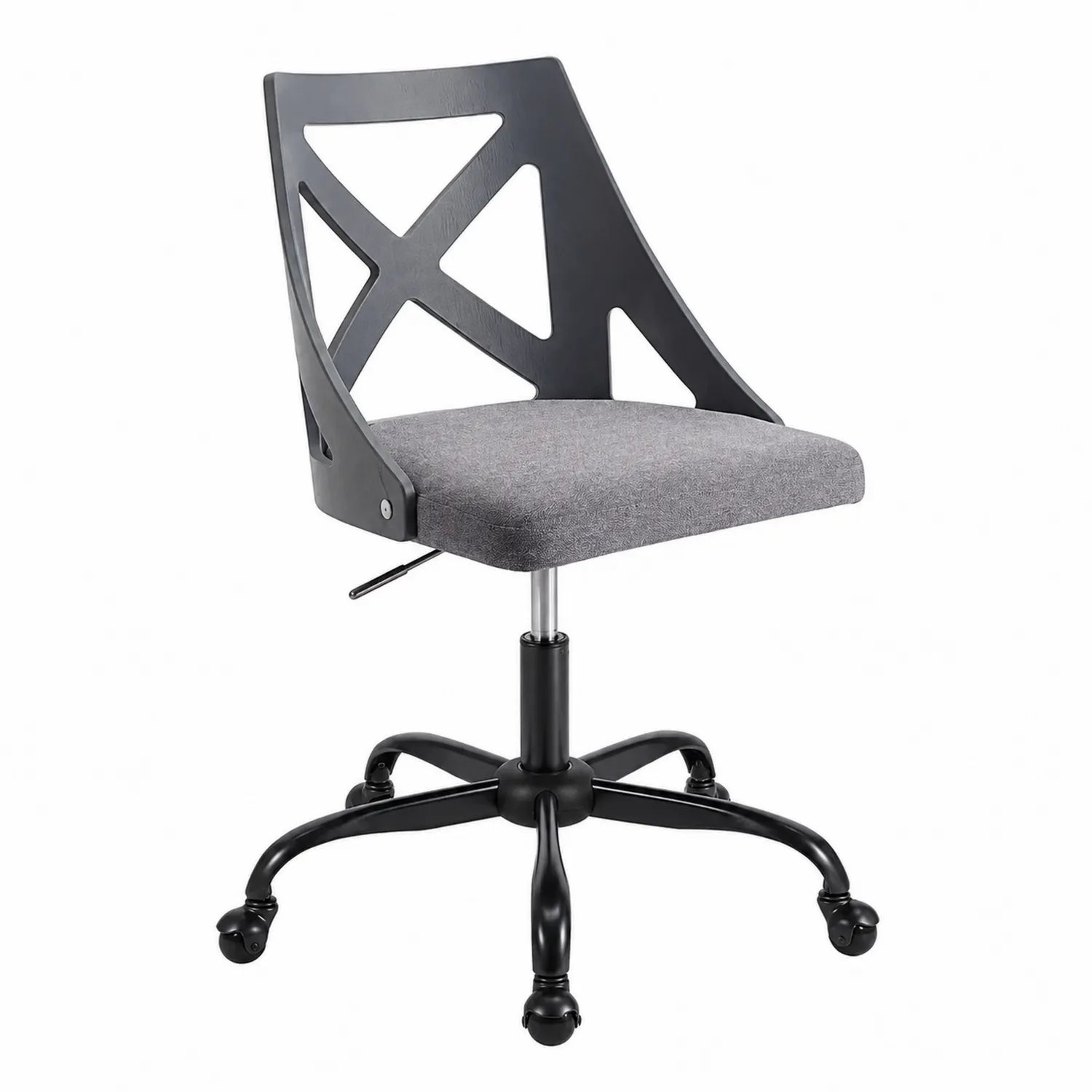 Chaise de bureau pivotante avec siège en tissu gris et dossier en plastique noir