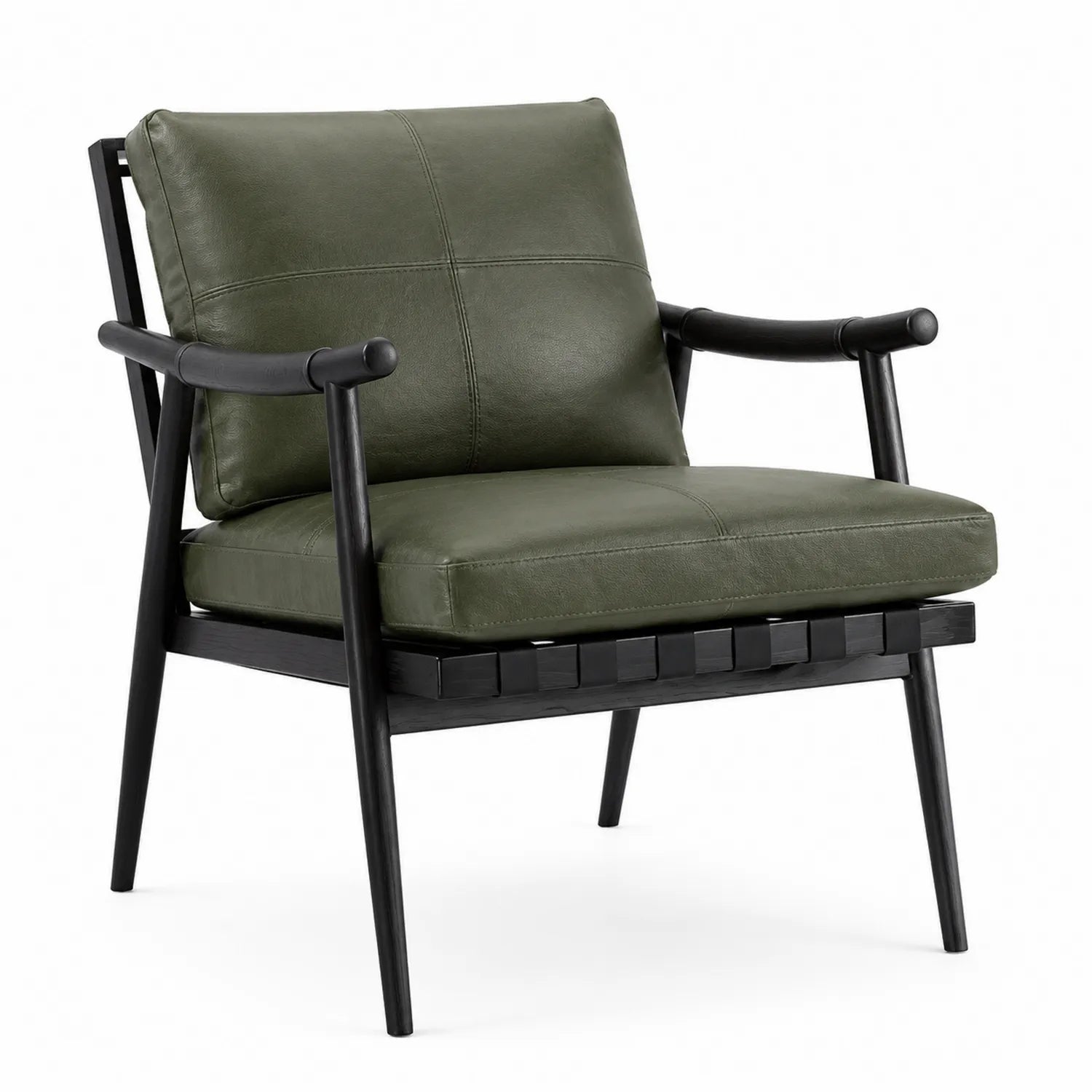Fauteuil en cuir synthétique vert avec cadre en bois noir