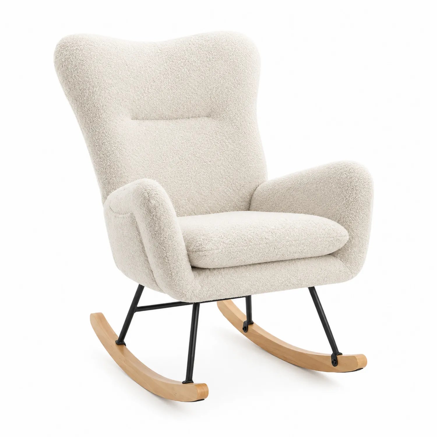 Fauteuil à bascule en bois et métal avec tissu bouclé beige