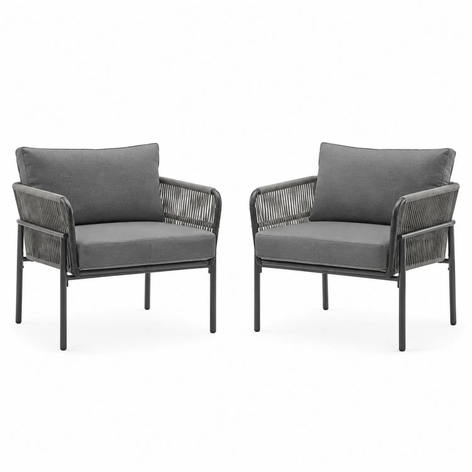 Lot de 2 fauteuils d'extérieur en acier avec coussins en polyester gris