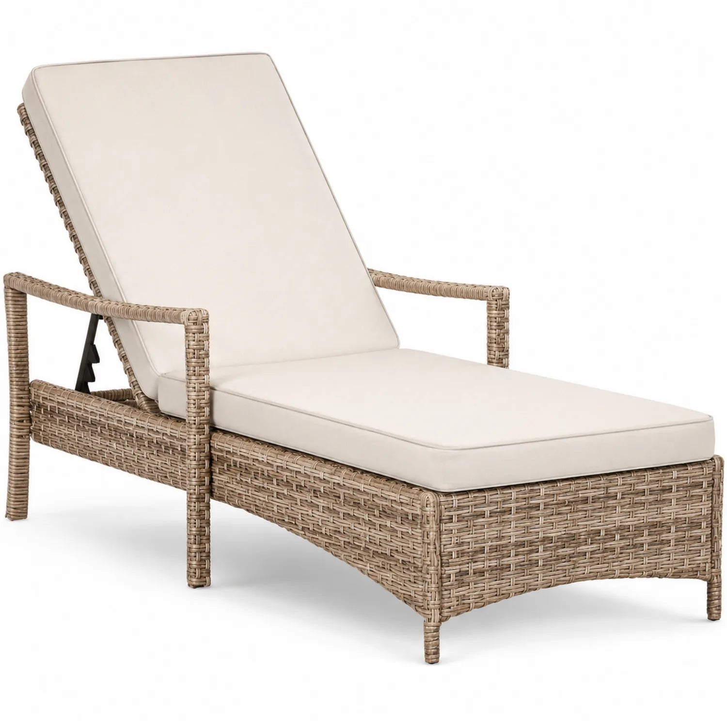 Chaise longue en rotin tressé beige avec coussin crème
