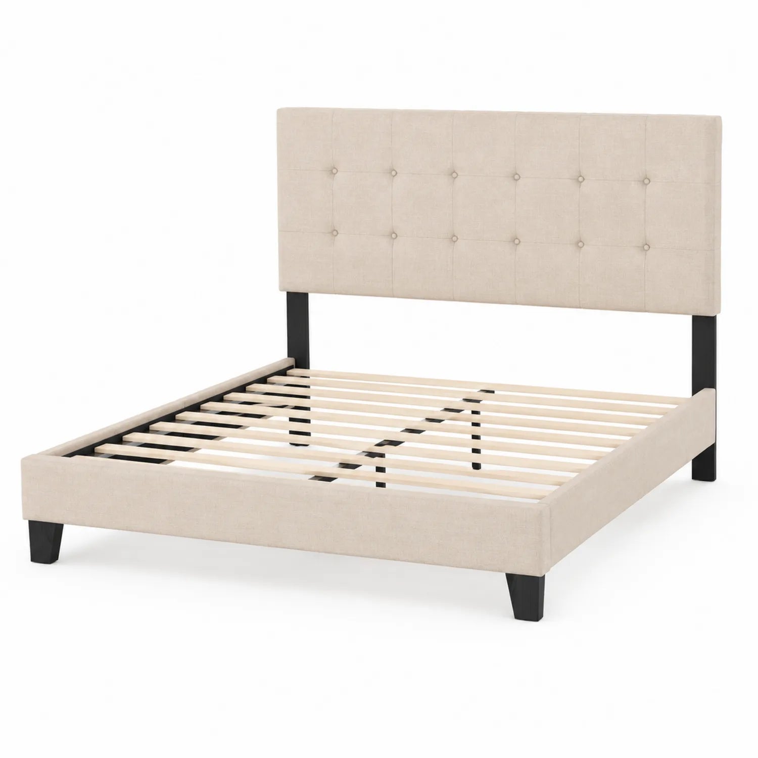 Cadre de lit double en bois et tissu beige avec tête de lit capitonnée 140x200 cm