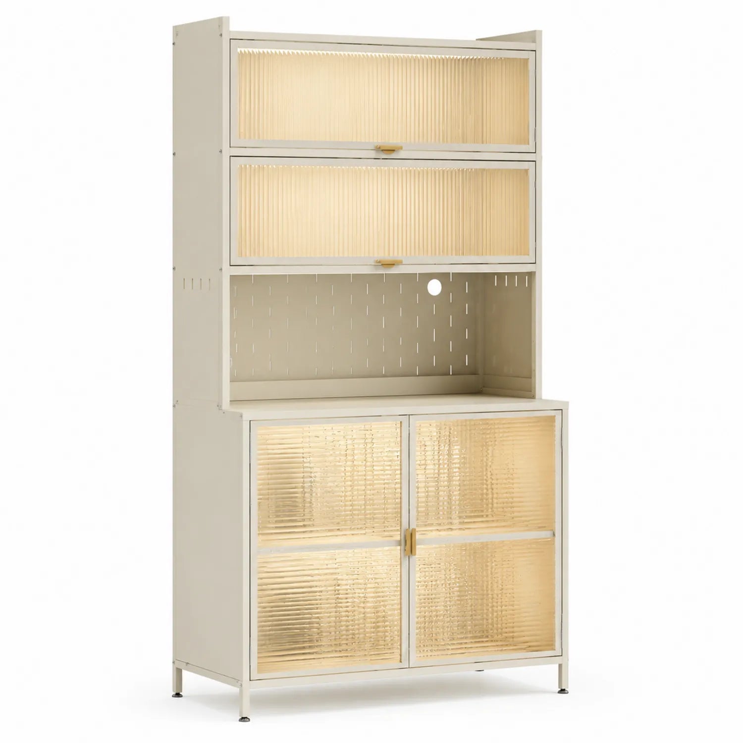 Armoire de rangement en métal et verre nervuré beige 180x90x40 cm