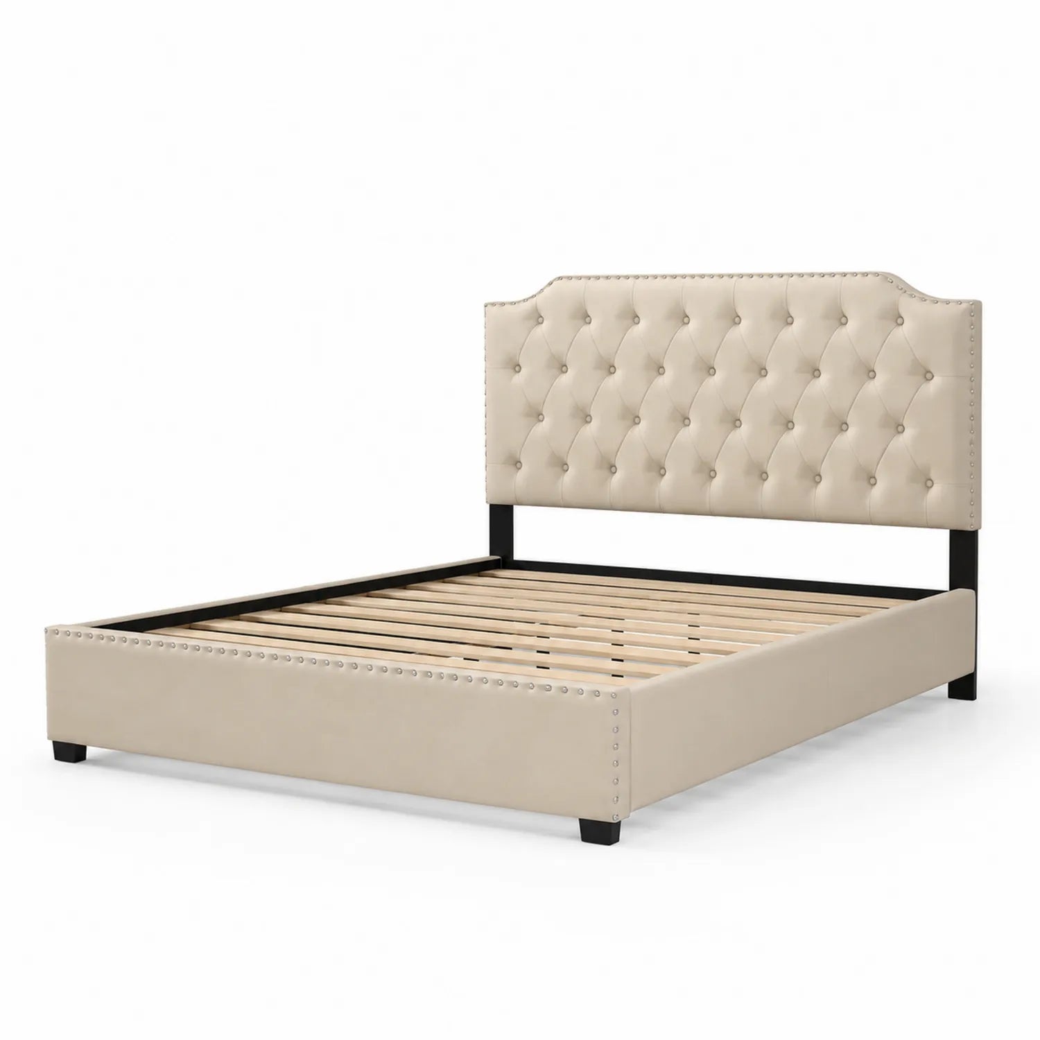 Lit double en cuir synthétique beige avec tête de lit capitonnée 160x200 cm