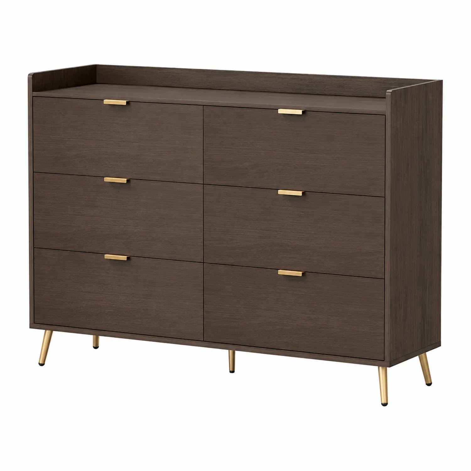 Commode en Bois 6 Tiroirs Marron Pieds Métal Doré