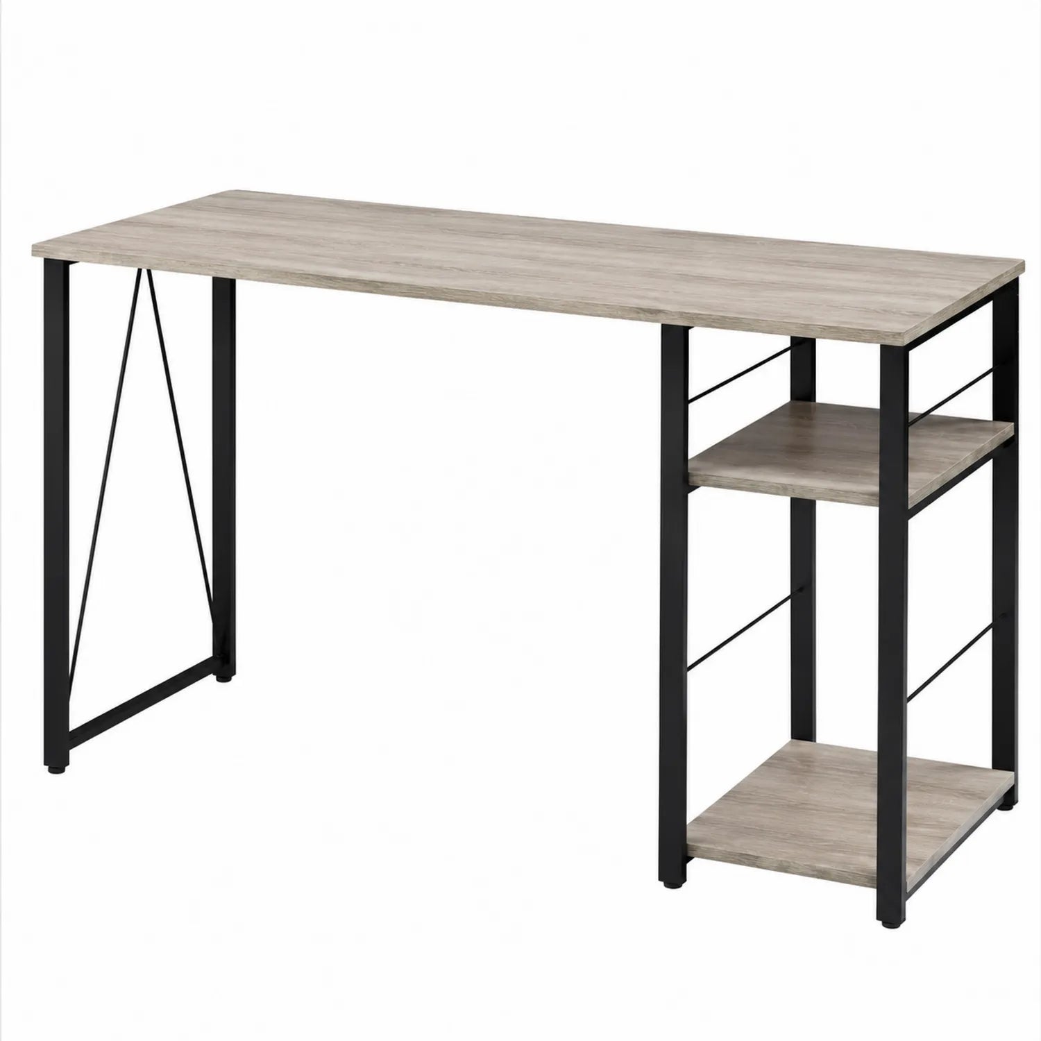 Bureau rectangulaire en bois clair et métal noir avec étagères 120cm x 60cm x 75cm